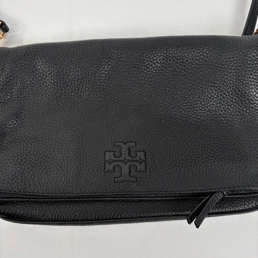 Tory Burch Thea Messenger Bag Black Pebbled Leather Tassel Crossbody Gold Logo
